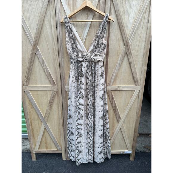 new H&M tan brown black snake print long chiffon deep v sleeveless maxi dress - Picture 9 of 10